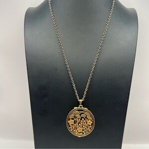 Vintage Shiseido Perfume Locket Necklace Gold Tone & Black Asian Floral Design